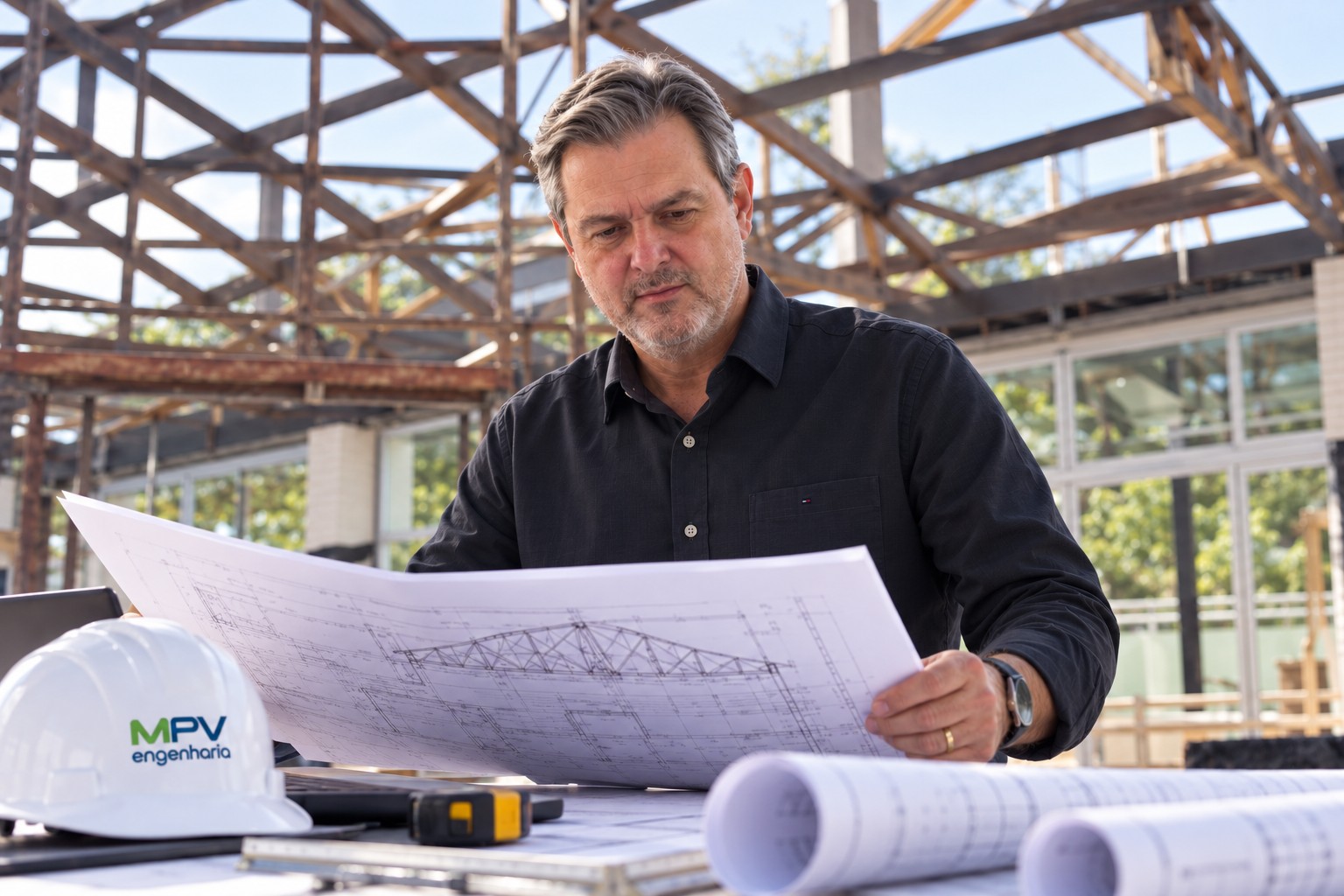 Marcelo Pardini Vicentini analisando projetos em obra